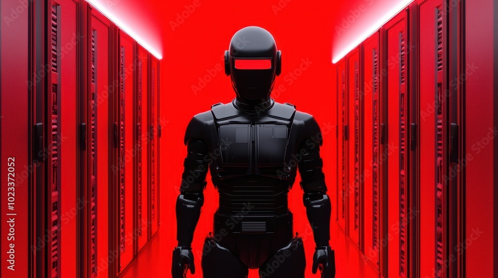 Aufkleber a dark, futuristic scene featuring a robotic figure in a corridor lined with glowing red lights and 