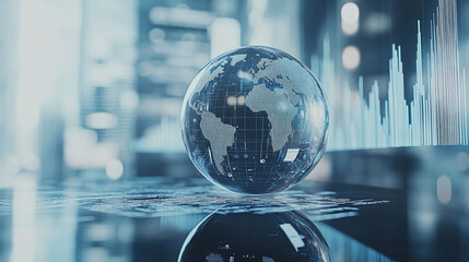 Fototapeta premium The globe is seen through the glass of an abstract stock chart, with a blue background and a gray line graph The planet Earth sits on top of a glossy sphere against a white backdrop Generative AI