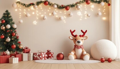 Fototapeta premium Baby s play corner with Christmas decorations and plush reindeer, 3D illustration, no blur, photo not dark, everything is clear, copy space