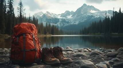 A red backpack and hiking boots sit on the ground near rocks, with mountains in the background.