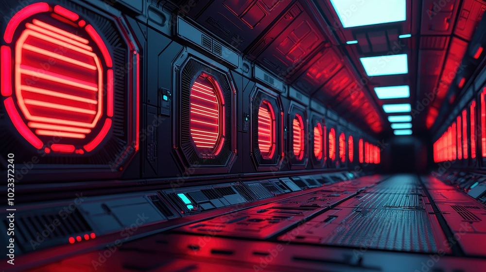 Poster a futuristic corridor illuminated by vibrant red lights, featuring metallic walls and a sci-fi atmos