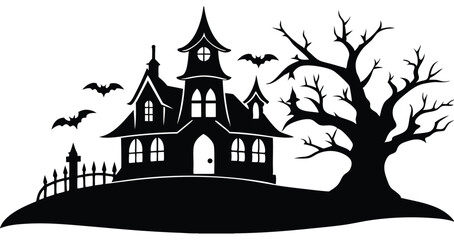 Haunted house silhouette. Ghost mansion scene vector illustration for spooky designs and decorations