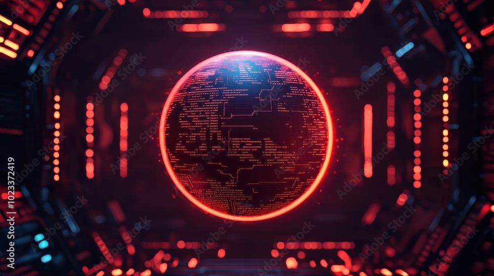 Poster a glowing red sphere surrounded by a futuristic, tech-inspired environment filled with digital patte