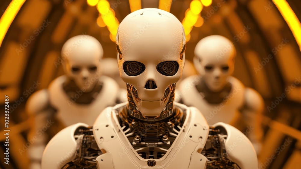 Poster a futuristic scene featuring humanoid robots with skeletal features, set in a sleek, illuminated spa