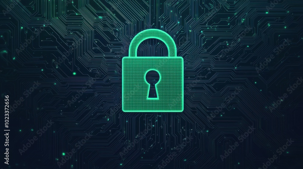Poster a glowing green padlock is set against a dark circuit board background, symbolizing digital security