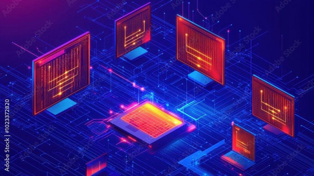 Poster a vibrant digital illustration depicting interconnected computer screens showcasing code, symbolizin