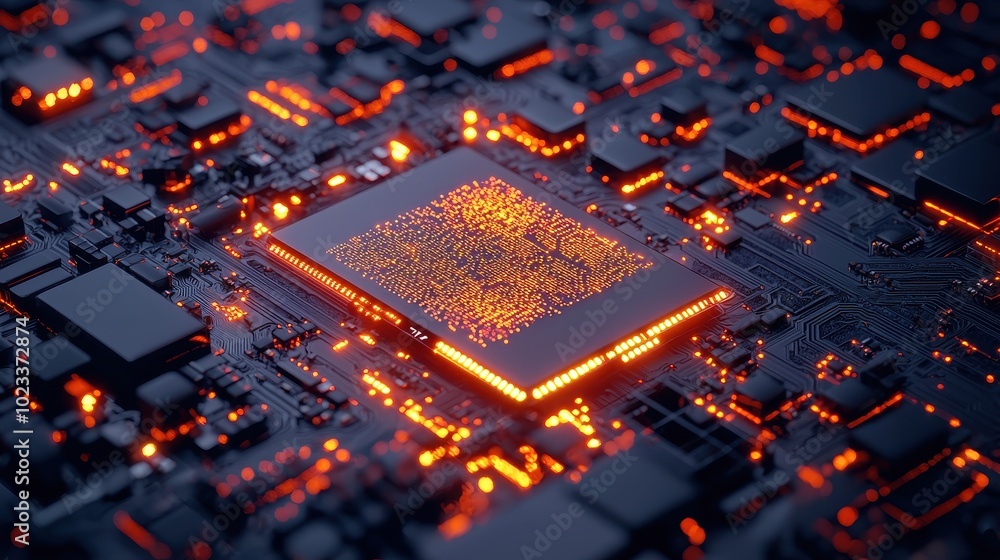 Poster a close-up view of a densely packed circuit board featuring glowing components that highlight a cent