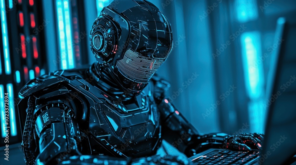 Poster a futuristic robot seated at a computer, illuminated by blue lights, showcasing advanced technology 