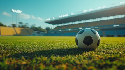A soccer ball rests on the grass in front of an empty stadium