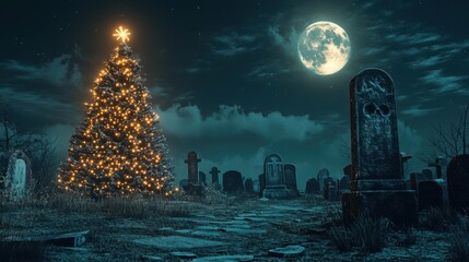 Naklejka premium Christmas tree, haunted graveyard, glowing moonlight, 3D illustration, no blur, photo not dark, everything is clear, copy space