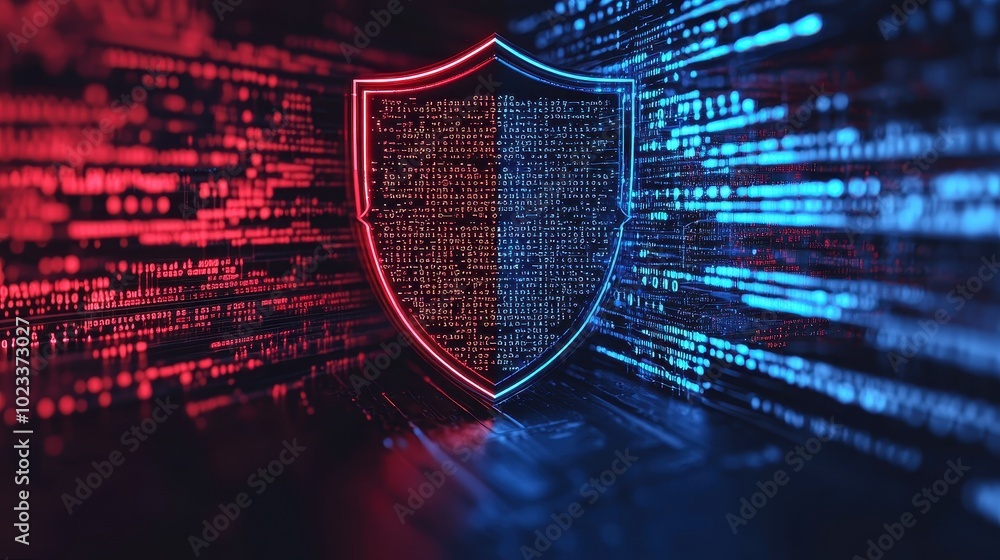 Poster a digital shield glows in red and blue, surrounded by flowing binary code, symbolizing cybersecurity