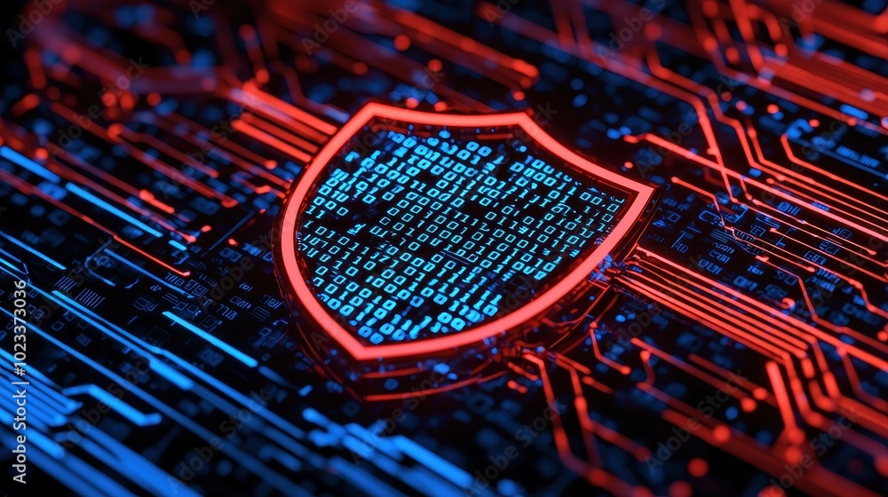 Poster a digital shield symbolizing cybersecurity, overlaid on a matrix of binary code and circuitry in red