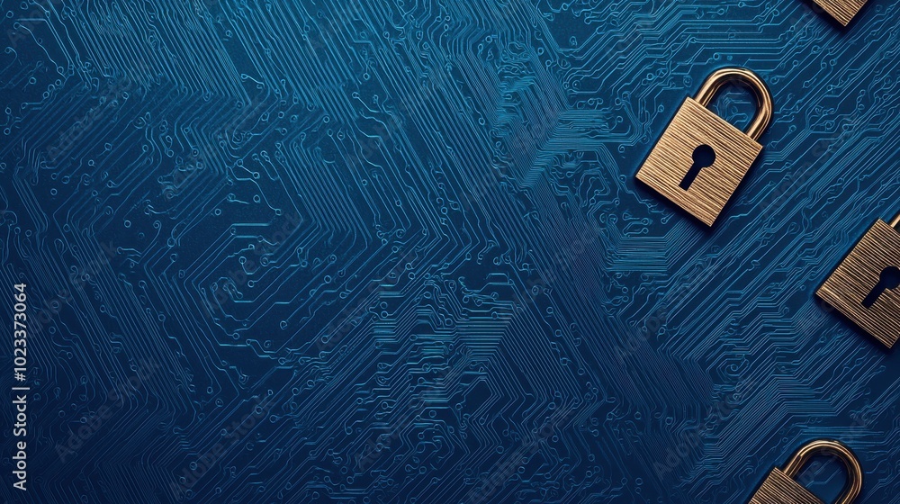 Poster the image features several golden padlocks on a textured blue background, symbolizing security and p