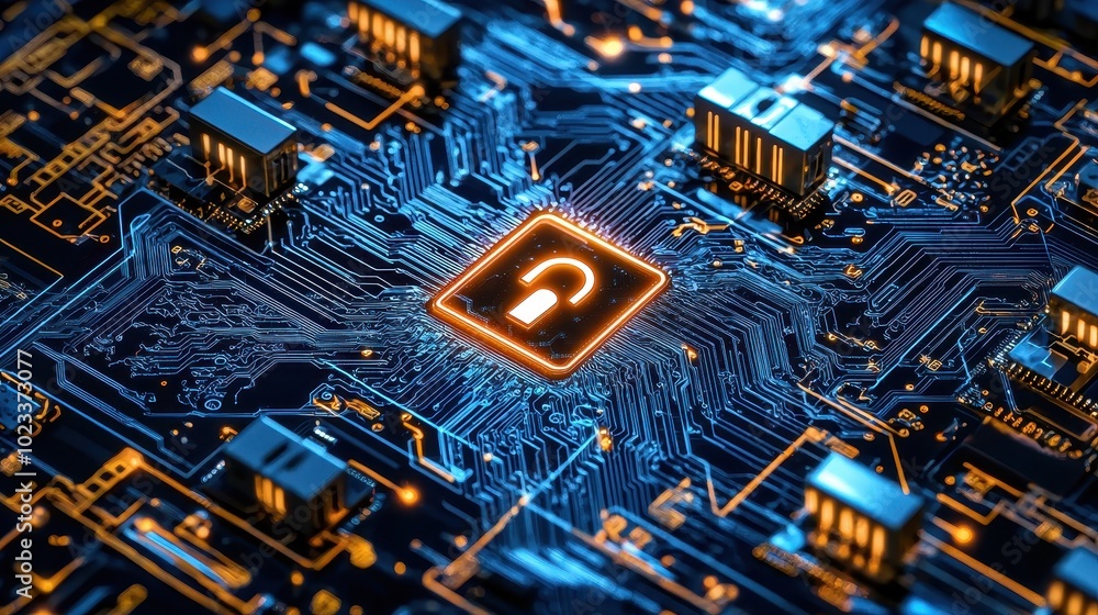 Poster a close-up of a vibrant microchip design featuring a glowing lock symbol, representing cybersecurity