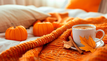 Autumn illustration, Hot drink on bed with orange blanket at home. Autumn decor idea, home cozy atmosphere.