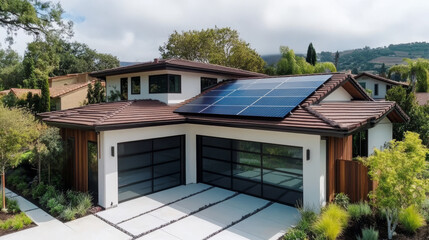 Fototapeta premium Modern home with solar panels on the roof.