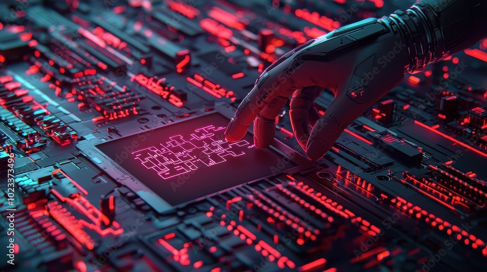 Aufkleber a futuristic hand touches a glowing circuit board, illuminated by red light, symbolizing advanced te