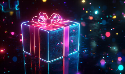 Glowing gift box in neon style on a black background with bokeh neon lights. Copy space for banner. Cyber Monday, Black Friday and Christmas.