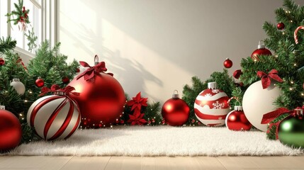 Family room with oversized Christmas ornaments and playful holiday decor, 3D illustration,  no blur, photo not dark, everything is clear, copy space