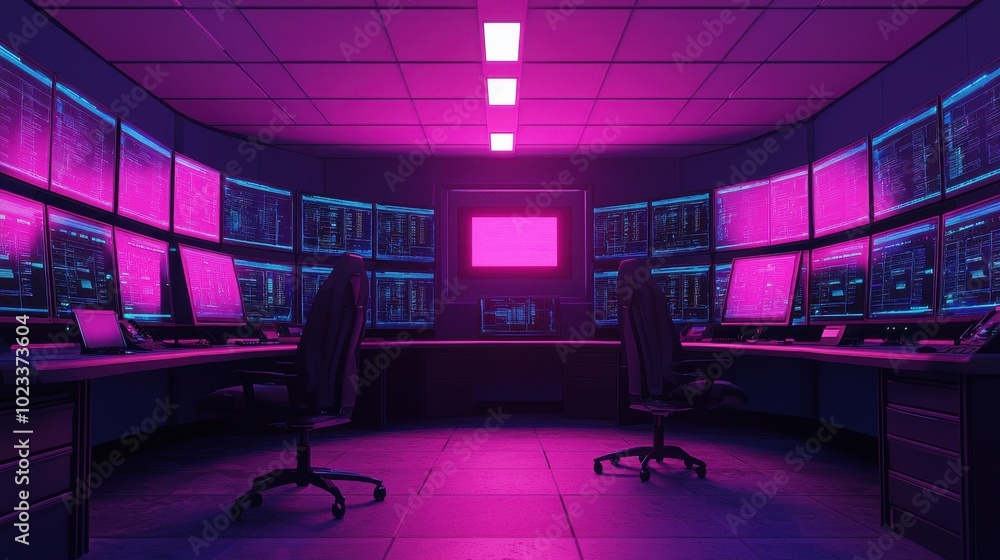 Aufkleber a futuristic control room illuminated in pink and blue, featuring multiple screens and two empty swi