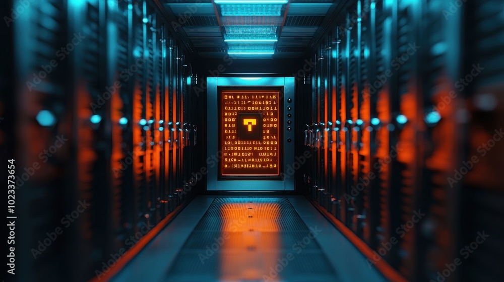 Aufkleber a dimly lit server room with rows of servers, featuring illuminated panels that create a futuristic 