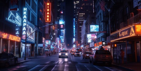 A bustling city street illuminated at night with taxis driving steadily down it