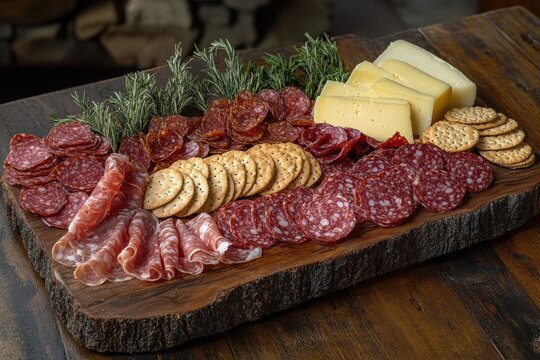 charcuterie display, a rustic charcuterie board display featuring assorted meats, cheeses, crackers, and garnishes