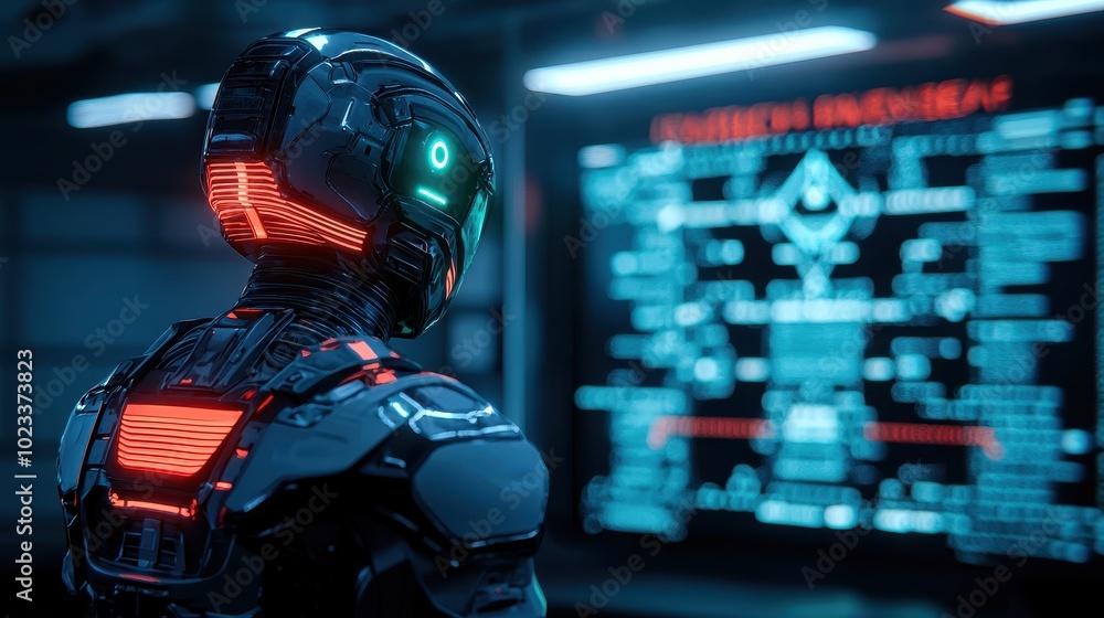 Poster a futuristic robot stands before a digital display, showcasing advanced tech and neon lights in a sc