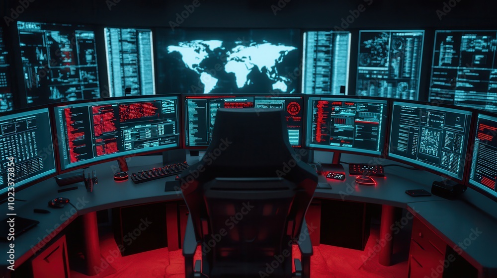 Poster a high-tech control room filled with multiple screens displaying global maps, data analytics, and cy