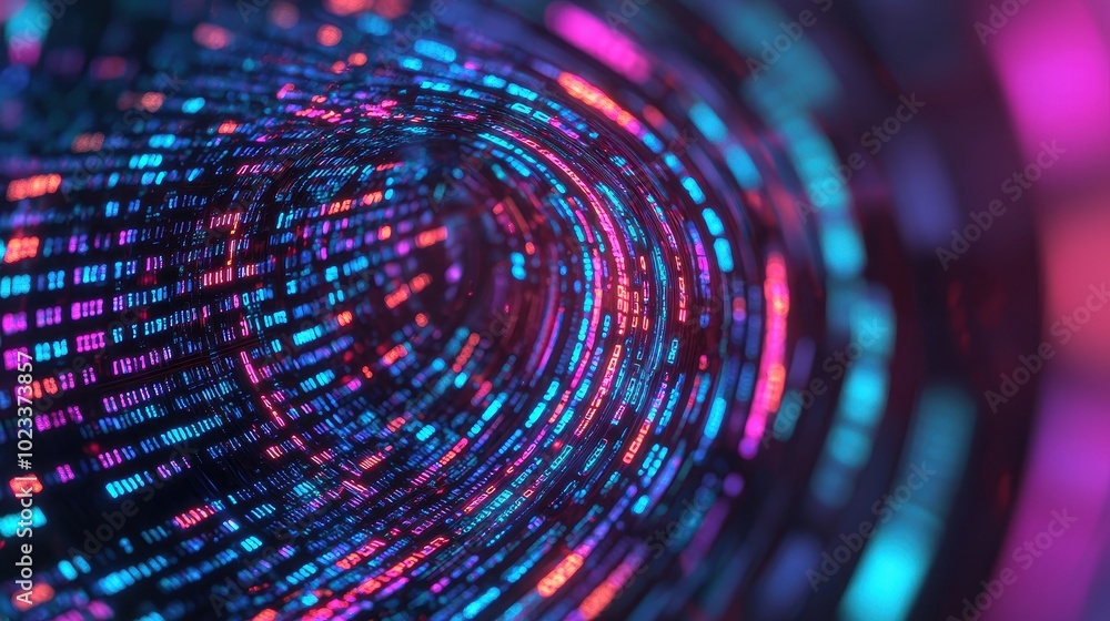 Poster A vibrant, abstract visualization of flowing data streams, creating a tunnel effect with colorful light patterns resembling digital information.