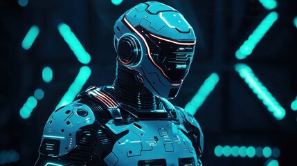 A futuristic humanoid robot with blue and neon accents stands in front of a glowing backdrop, showcasing a sleek design and advanced technology.