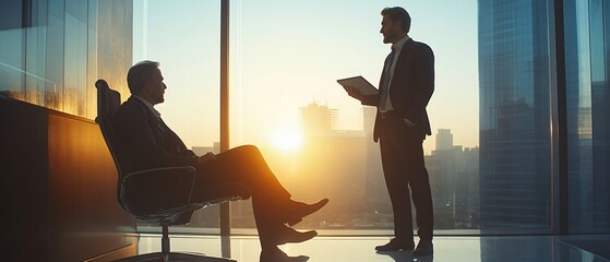 Corporate Presentation in Modern Office Setting with Graph on Tablet