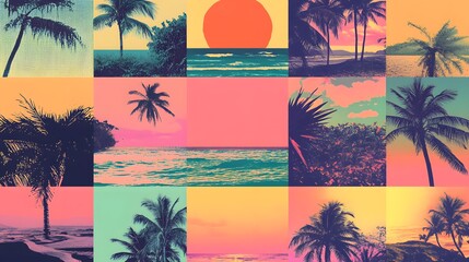 A vibrant and colorful collage featuring tropical beach scenes, palm trees, sunsets over the ocean, poolside scenes