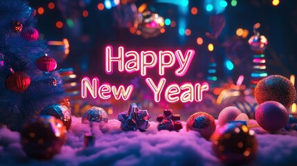 Happy New Year 2025 in a modern neon font, surrounded by cheerful decorations and light effects.