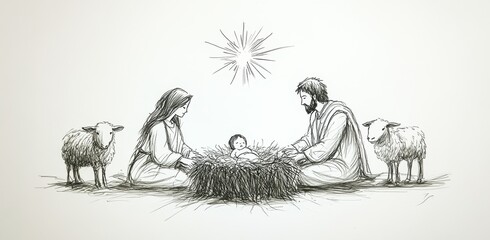 A Pen and Ink Drawing of the Nativity Scene with Shepherds and a Star © paper later
