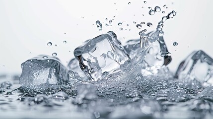 Ice Cube Splashing into Water with Droplets