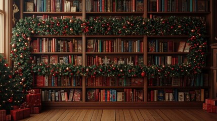 Nursery with a Christmas garland draped over a bookshelf, holiday spirit, 3D illustration,  no blur, photo not dark, everything is clear, copy space
