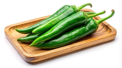 Green hot chili peppers in a wooden tray on a white background