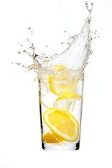 Glass of lemonade fruit drink white background.