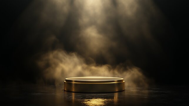 Gold podium pedestal on black background with smoke illuminated by spotlight. Mockup for product presentation