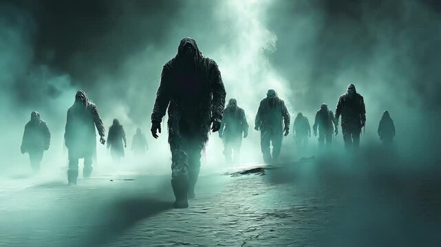A group of shadowy figures walks through a fog-covered landscape, creating a haunting and suspenseful atmosphere as twilight approaches