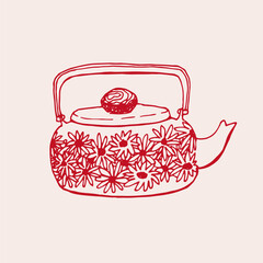 Vintage hand-drawn teapot in a warm red color with a soft beige background. rustic look, floral-patterned teapots. kitchen decor, cozy atmosphere, ideal for tea and coffee lovers