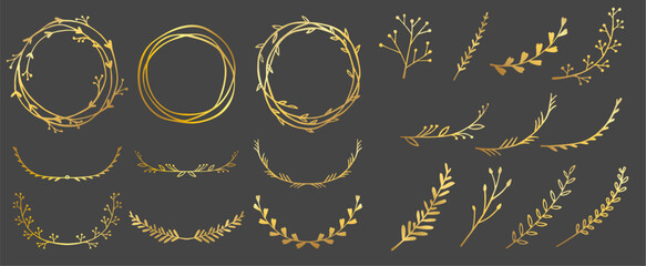 Golden flourish frames and branches, doodle hand drawn floral elements. Gold leaves and flowers. Floral decorative collection for decoration of text, cards, invitation. Foil textured design element