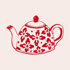 Vintage hand-drawn teapot in a warm red color with a soft beige background. rustic look, floral-patterned teapots. kitchen decor, cozy atmosphere, ideal for tea and coffee lovers