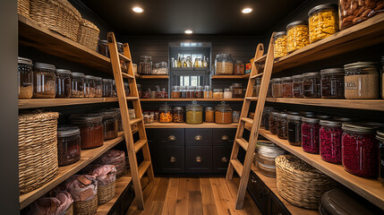 Dark Wooden Pantry with Ladders & Organized Shelving Filled with Glass Jars & Baskets
