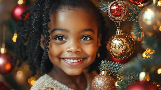 A cheerful young girl smiling beside a decorated Christmas tree adorned with colorful ornaments