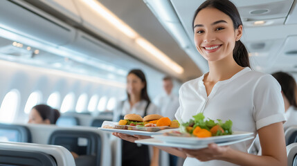 Naklejka premium A smiling flight attendant serving meals to passengers aboard an airplane, with trays of fresh food including sandwiches and salads, creating a welcoming in-flight experience