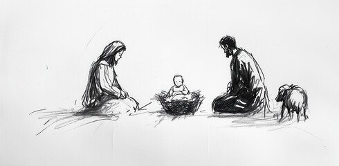 Hand-drawn sketch of the Holy Family with a black dog © paper later
