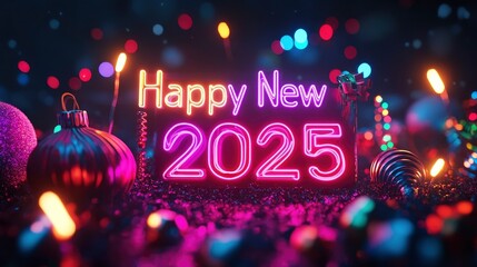 Happy New Year 2025 in bold neon colors, surrounded by animated light trails and joyful decorations.