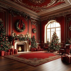 Victorianstyle room with rich Christmas decorations, classic holiday charm, 3D illustration,  no blur, photo not dark, everything is clear, copy space